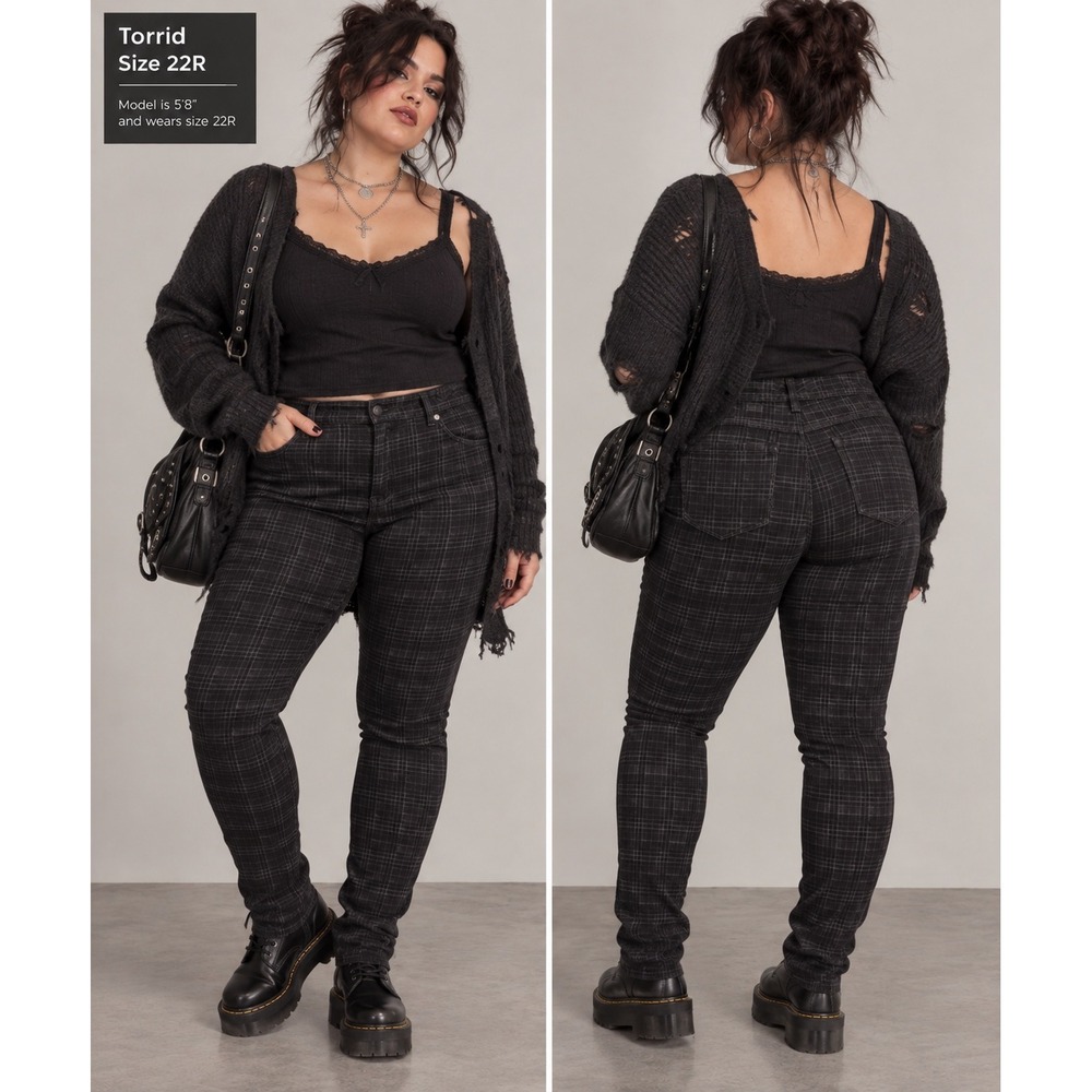 Torrid Luxe Stretch Skinny Pants Womens 22R Black Gray Plaid Punk Goth